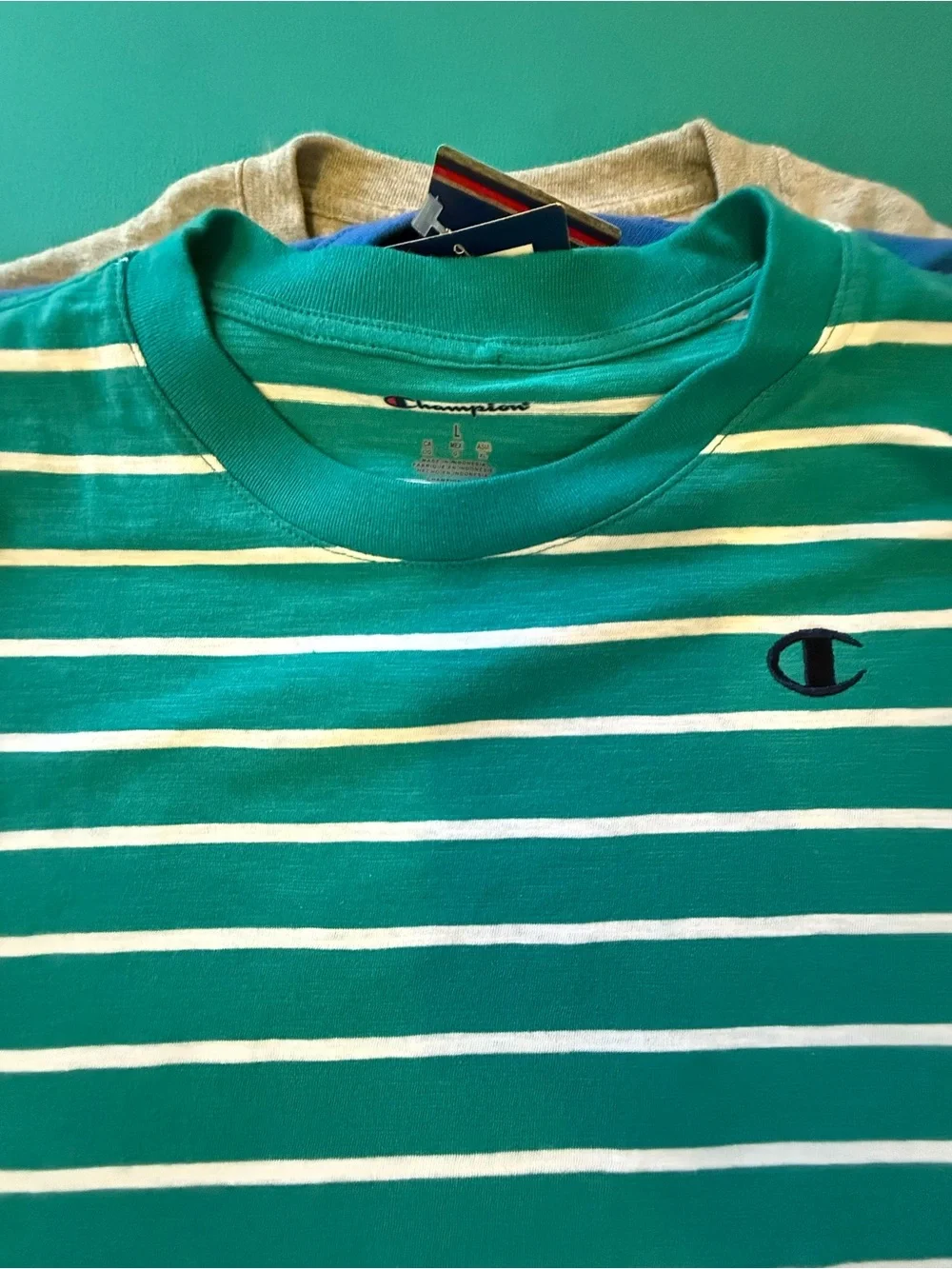Champion men's  Green & White Striped Short Sleeve Tee - Picture 2 of 2